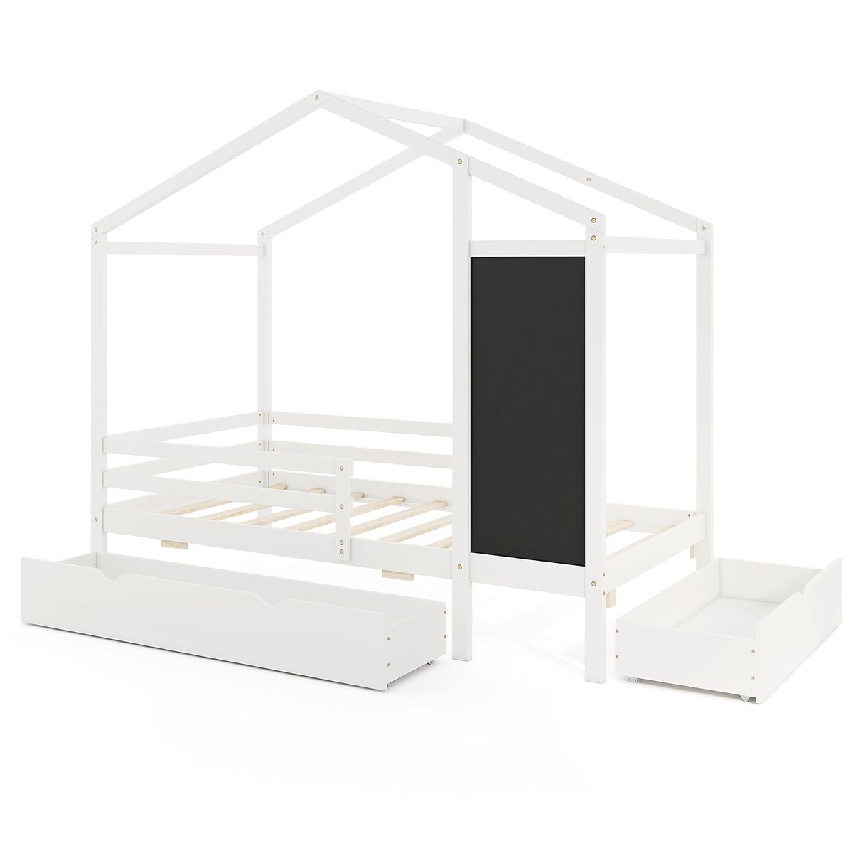 Kids' Twin Size Bed with 2 Drawers - Solid Wood Bed with Blackboard - win House Bed -White