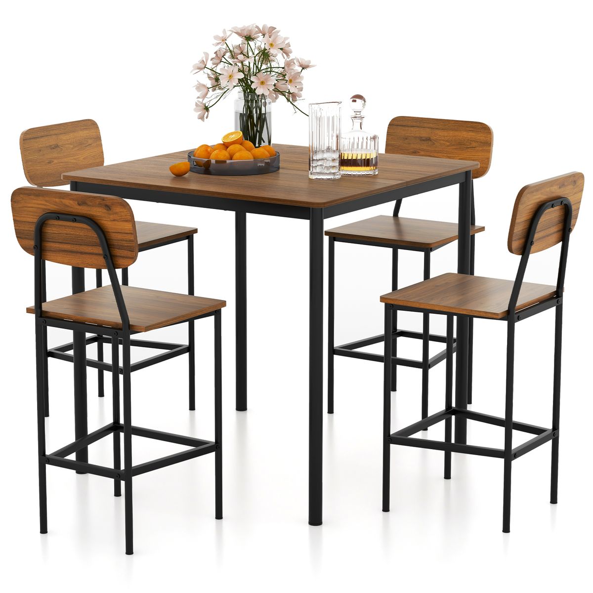 5-Piece Industrial Dining Table Set - Dining Table Set-Walnut
