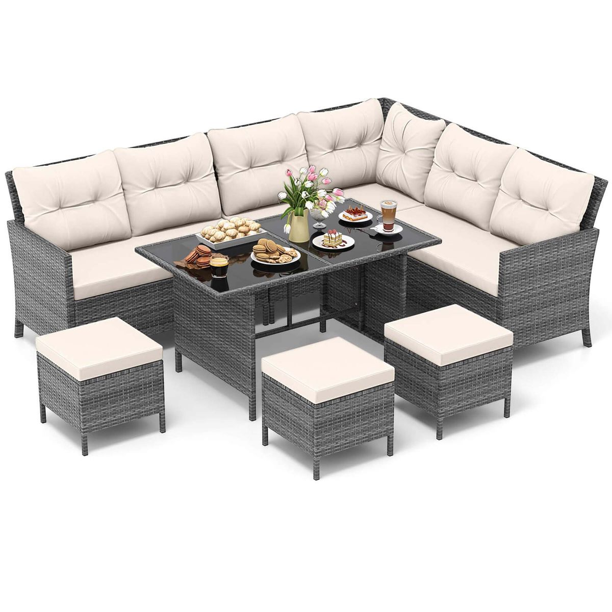 7-Piece Patio Sectional Furniture Set - 7 PCS Patio Dining Set -White