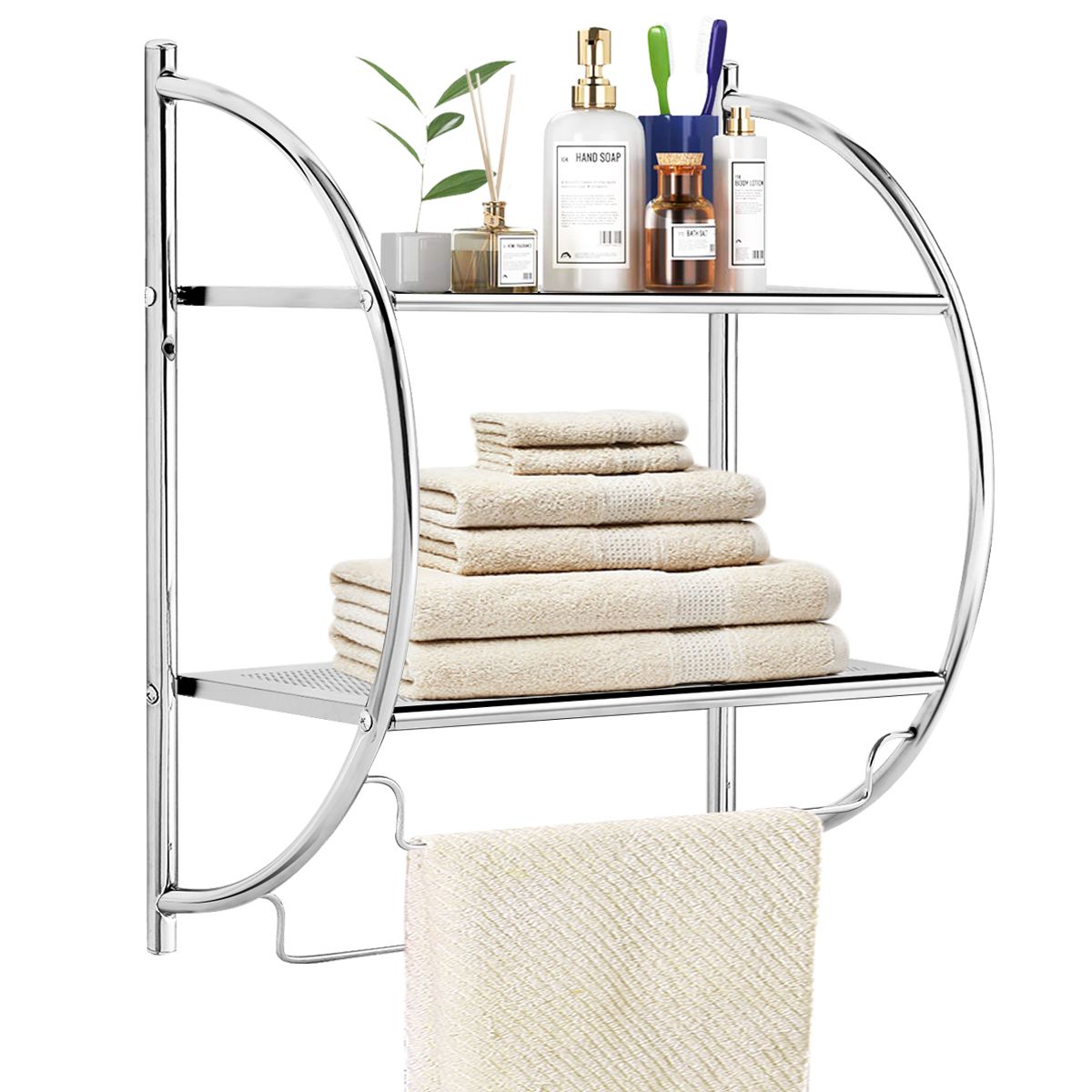 Wall-Mounted 2-Tier Bathroom Shelf with 2 Towel Bars - 2 Tier Towel Rack-Silver