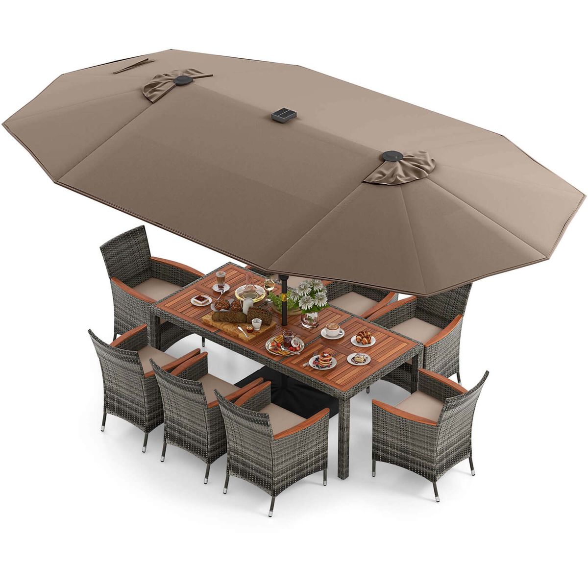 11-Piece LED Lighted Patio Dining Set with Umbrella - 11 PCS Patio Dining Set-Beige