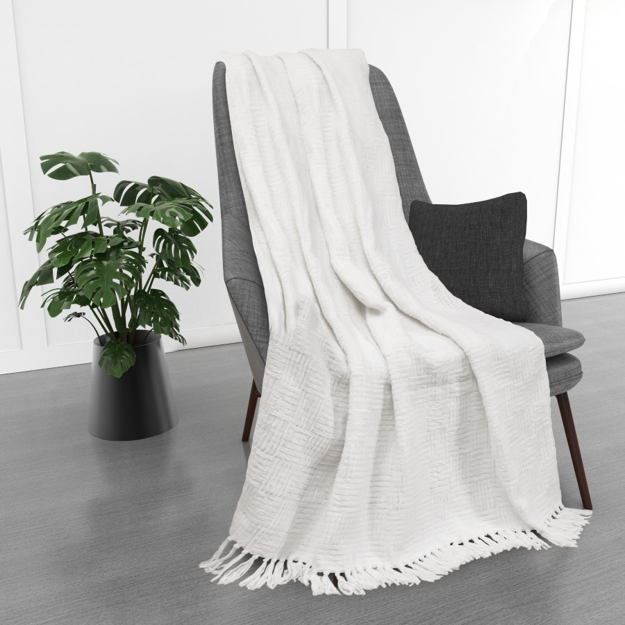 Kathy Ireland Oversized Chenille Polyester Fringed Throw Blanket - Ivory