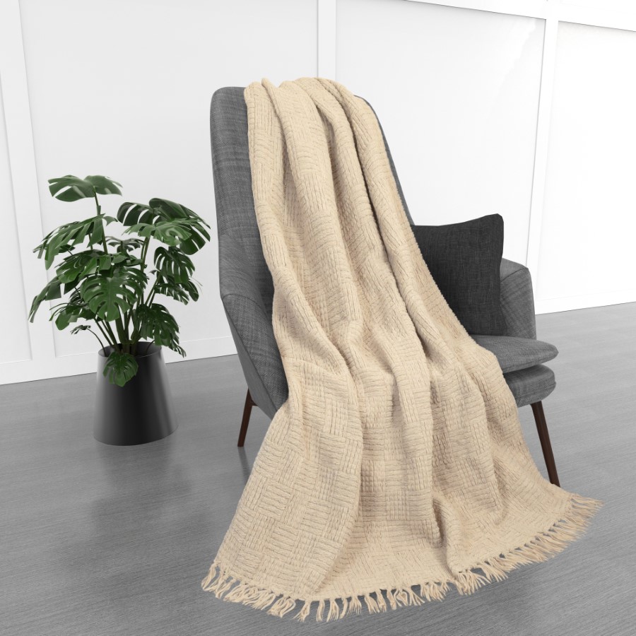 Kathy Ireland Oversized Chenille Polyester Fringed Throw Blanket - Stone