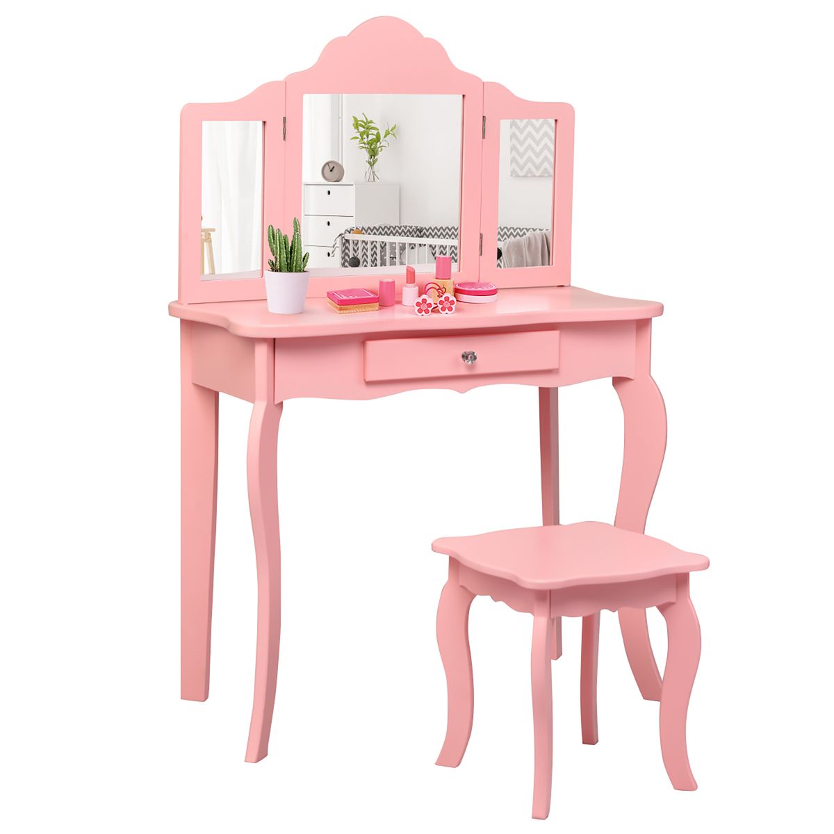 Kid's Vanity Table with Stool - Costway Kids Vanity Table Pink