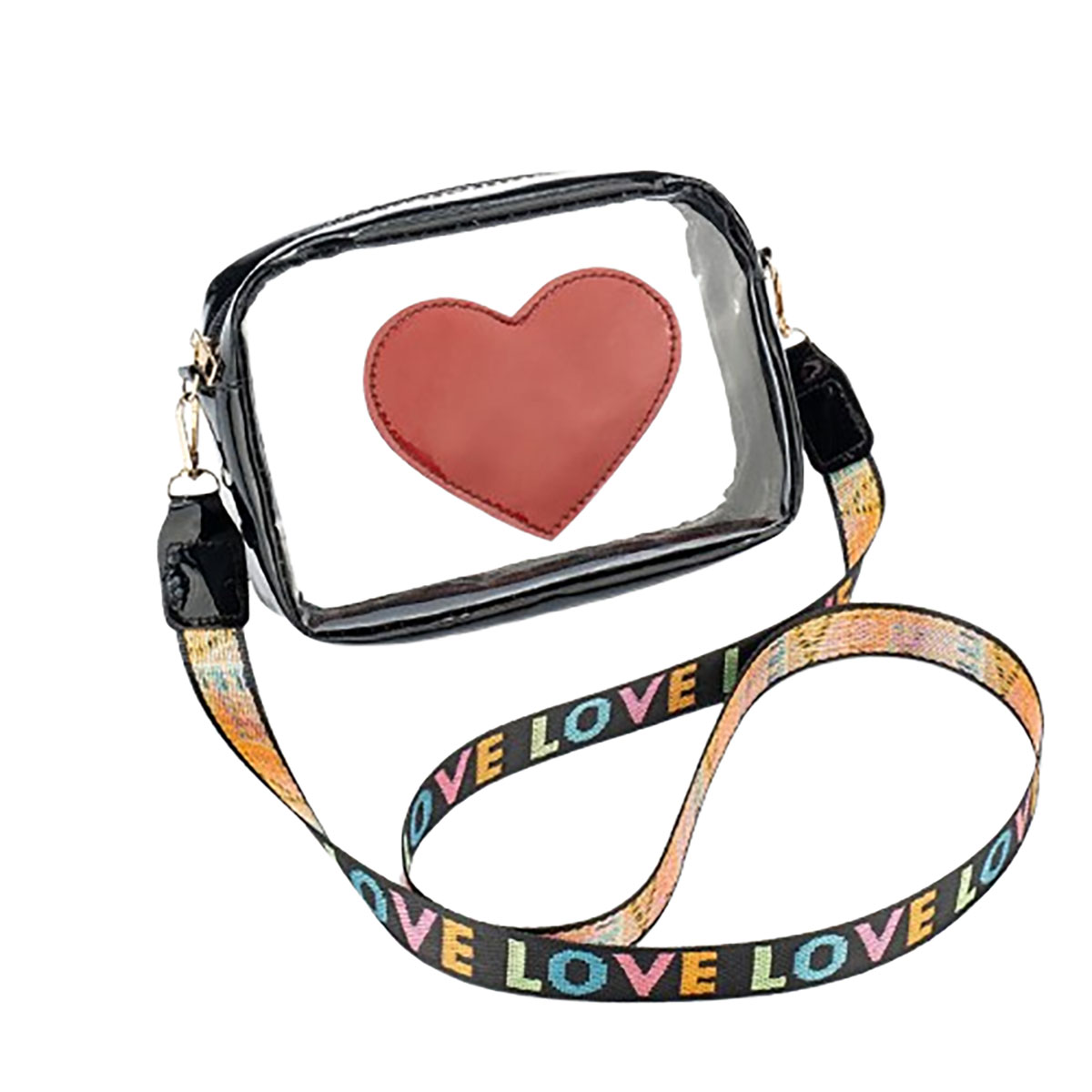 Clear PVC Crossbody Messenger Jelly Bag with Heart Patch for Women - Black