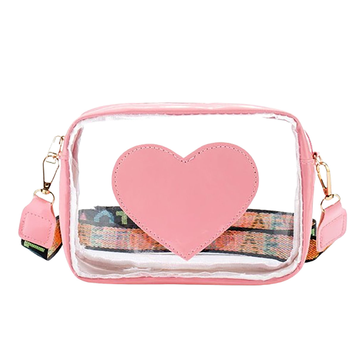 Clear PVC Crossbody Messenger Jelly Bag with Heart Patch for Women - Pink