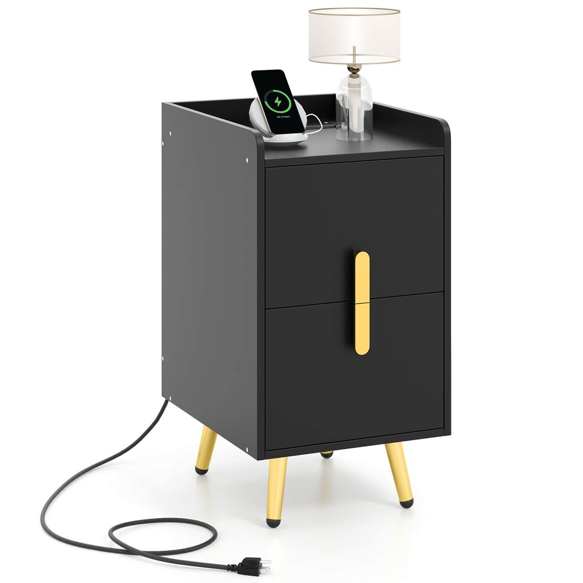 Nightstand with Charging Station & Drawers - Nightstand -Black