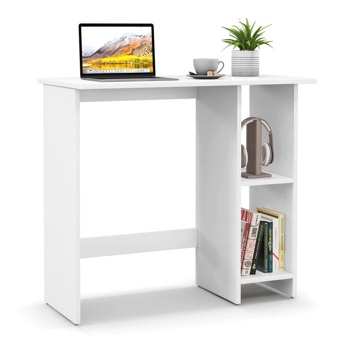 Modern Writing Desk with 3-Position Adjustable Shelf - Computer Desk -White-image-SKU12766028