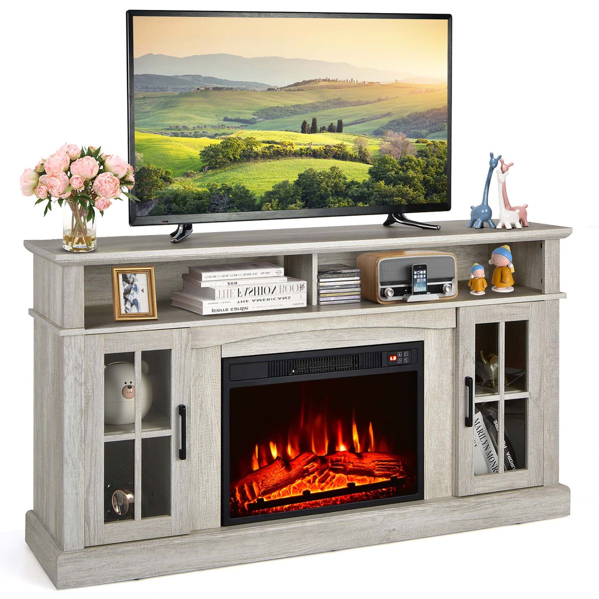 Fireplace TV Stand for TVs up to 65" with Side Cabinets and Remote - TV Stand-Gray