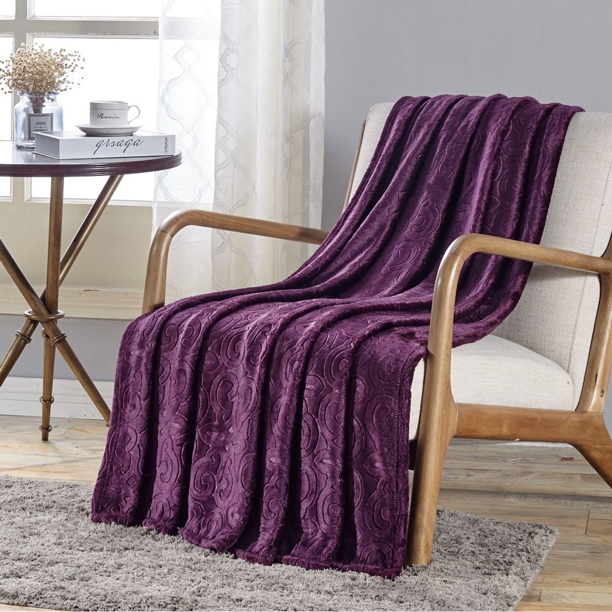 Large Cozy Throw Blanket (2-Pack) - Damask - Plum