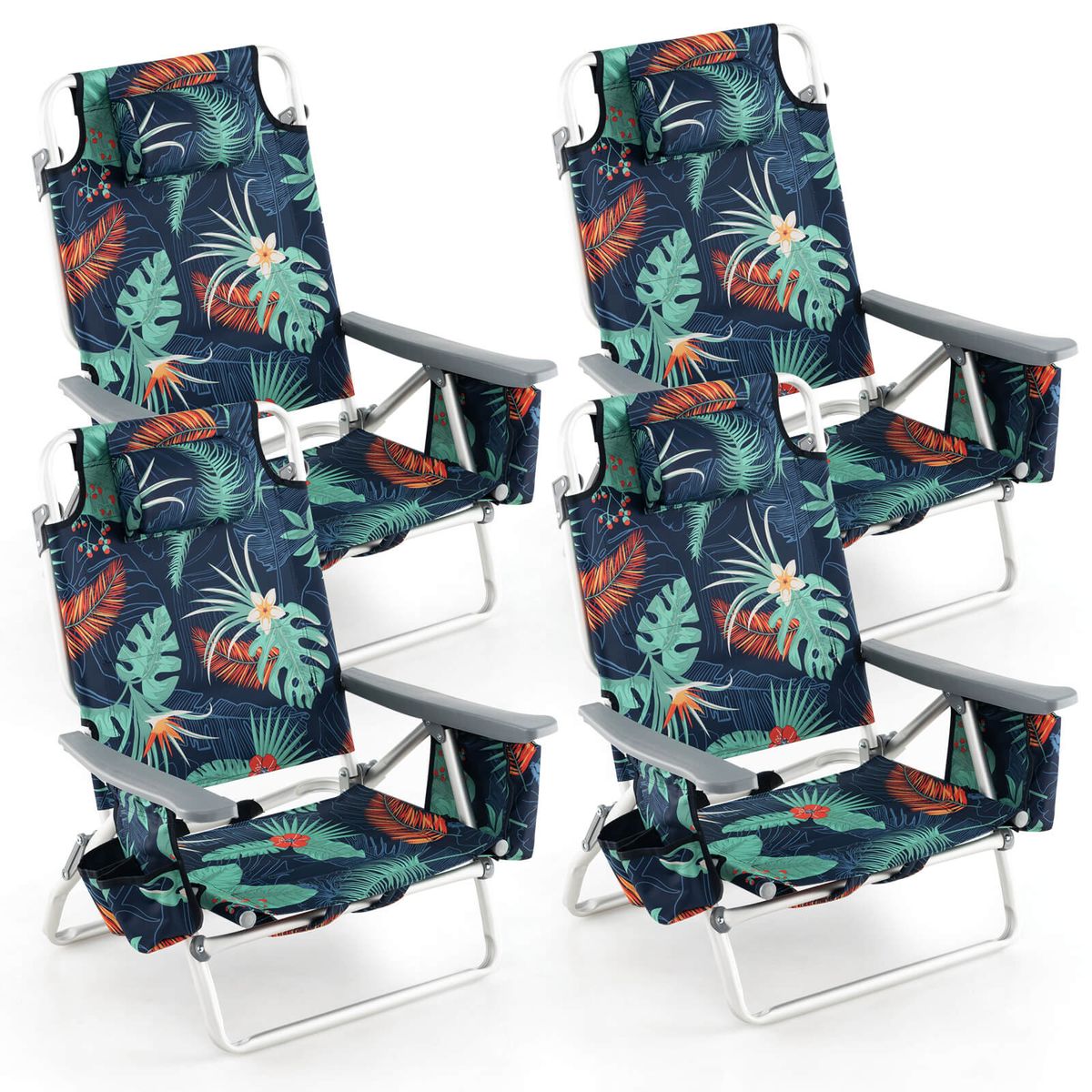 5-Position Outdoor Folding Backpack Beach Reclining Chair with Pillow (4-Pack) - 4Pcs Beach Chair-Dark Blue