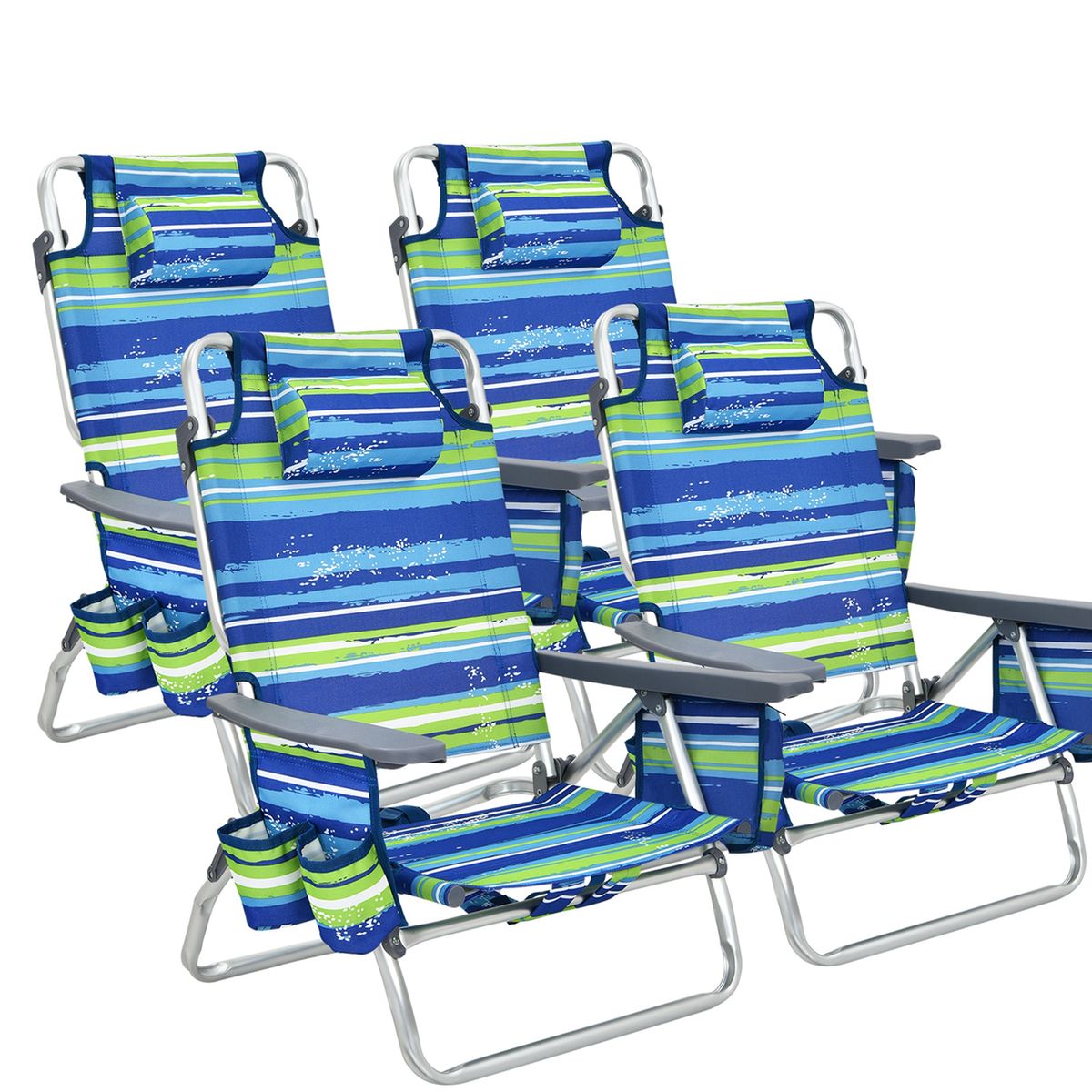 5-Position Outdoor Folding Backpack Beach Reclining Chair with Pillow (4-Pack) - 4Pcs Beach Chair-Dark green