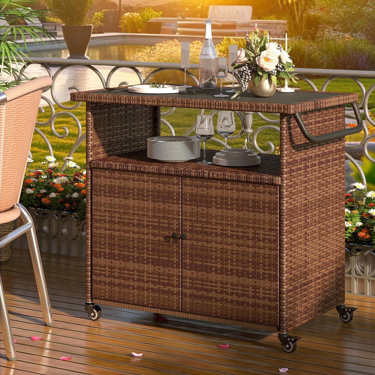 Patio Wicker Bar Table Cart with Wheels (3 Colors) - 16503BR-UG01