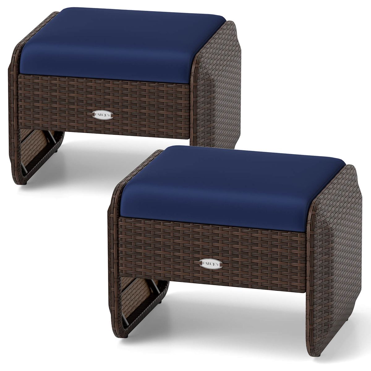 2-Piece Outdoor Patio PE Wicker Ottomans - Patio Ottomans -Navy