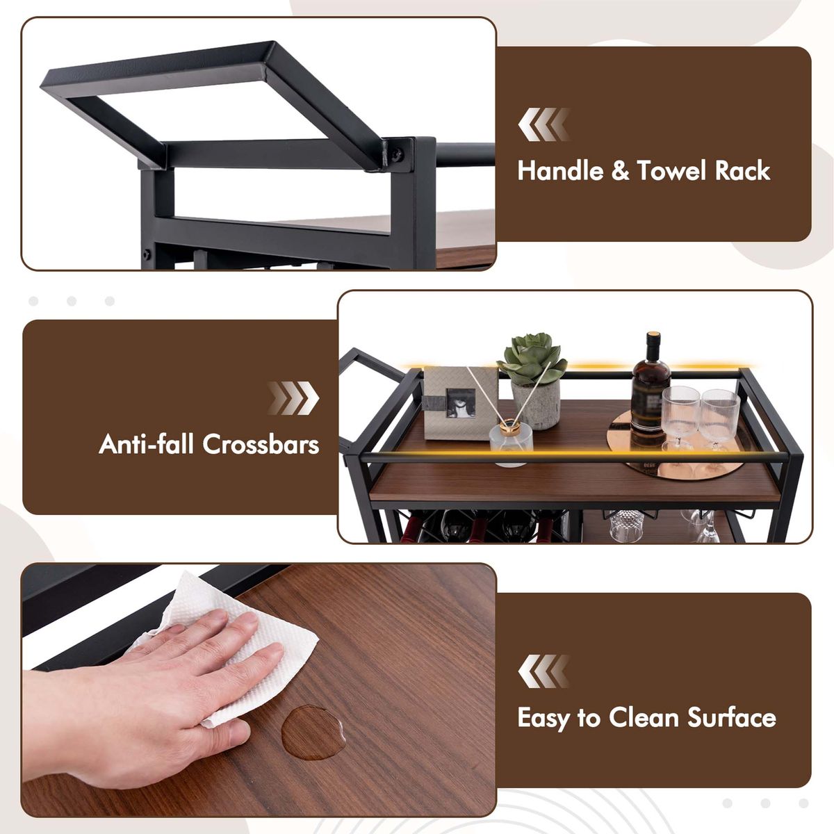 3-Tier Rolling Bar Cart with Wine Rack and Glass Holders - Bar Cart-Brown