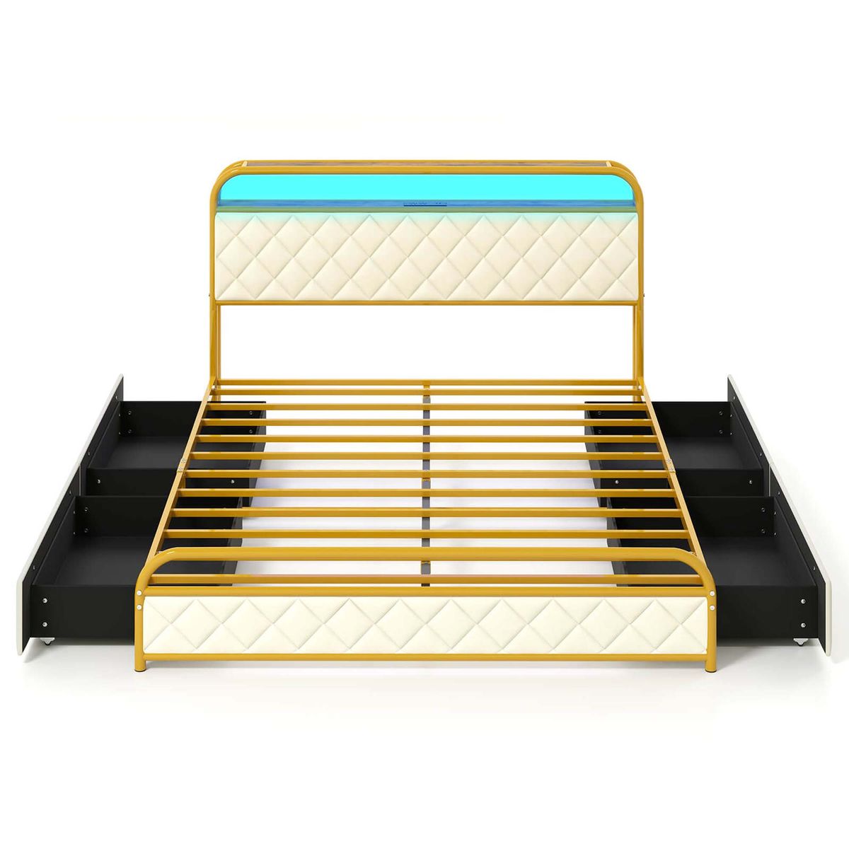 Bed Frame with LED Lights and Charging Station - Bed Frame-Queen Size