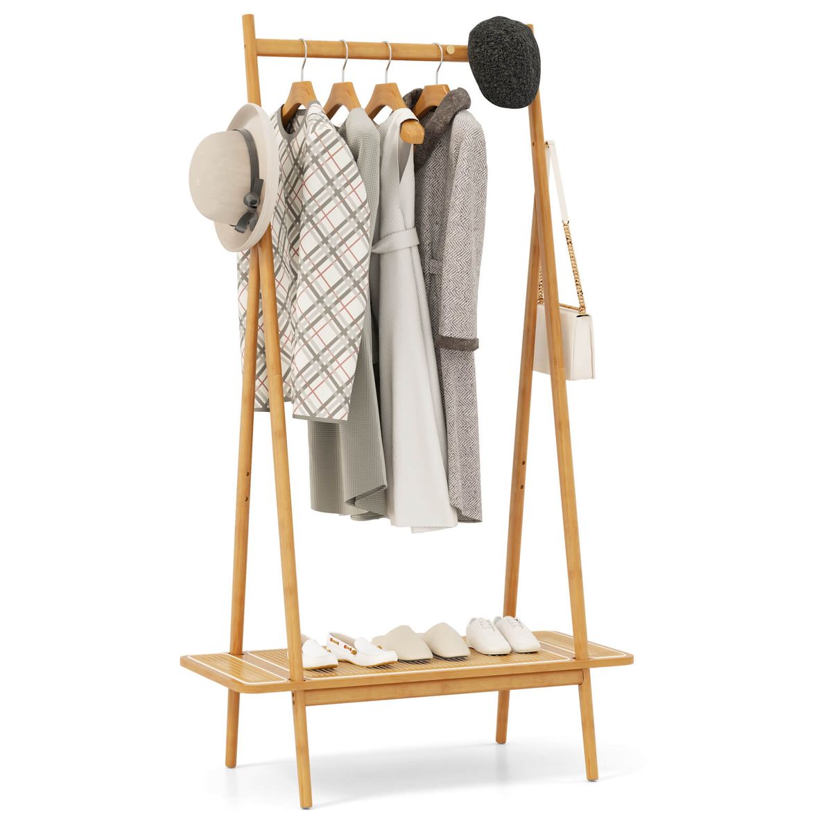Bamboo Clothes Rack with Hanging Rod, Shelf, and Hooks - Clothes Rack -Natural