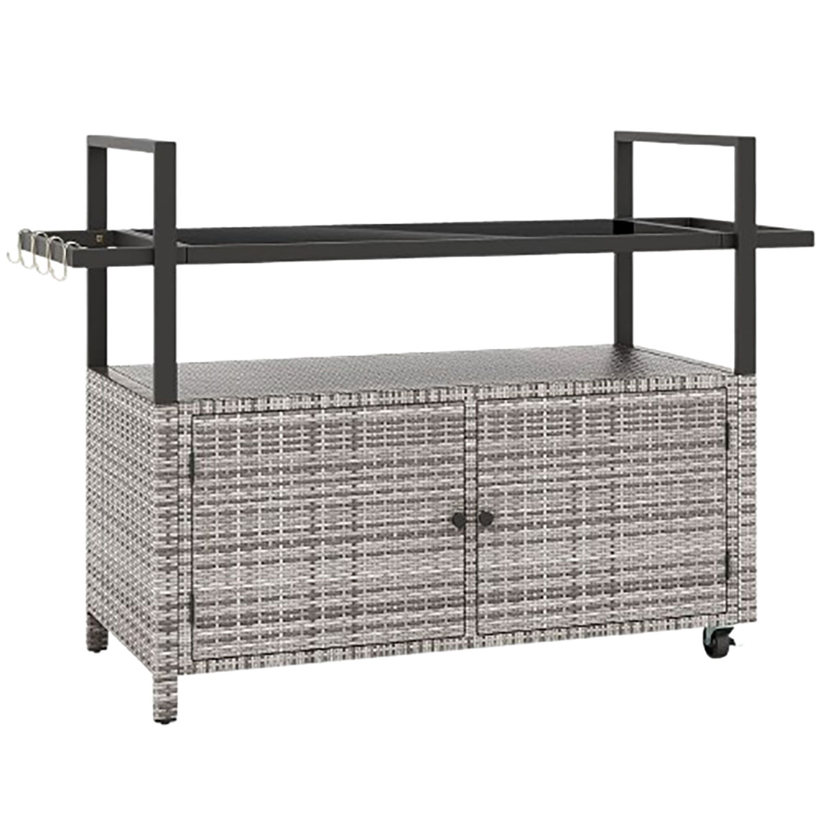 Outdoor Bar Wicker Buffet Serving Cart with Cabinet & 8 Hooks - Outdoor Bar Cart-Gray