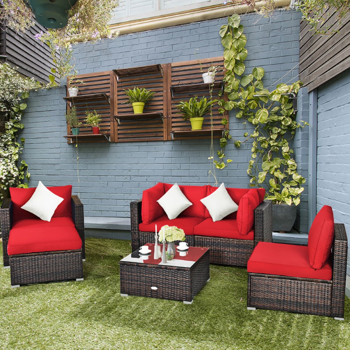 6-Pieces Patio Rattan Furniture Set - Patio Rattan RED
