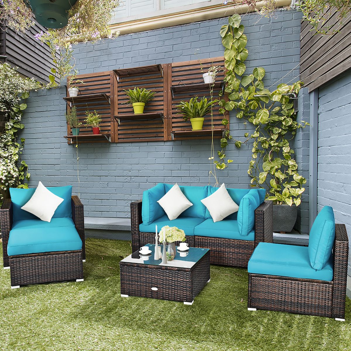 Photos - Garden Furniture Costway 6-Pieces Patio Rattan Furniture Set - Patio Rattan TURQUIOSE HW63877TU+ 