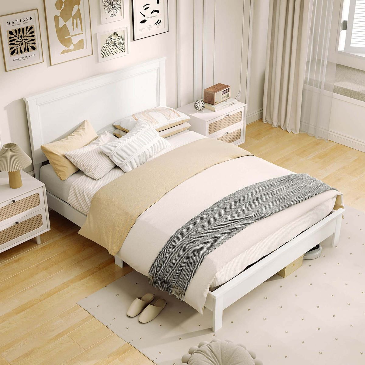 Bed Frame Platform with Slat High and Headboard - Bed Frame-White