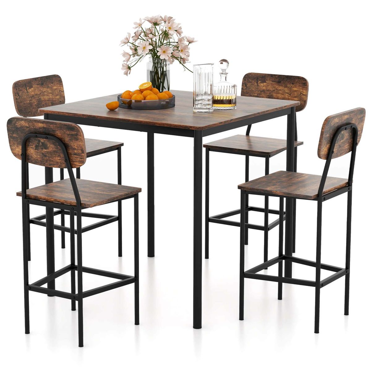 5-Piece Industrial Dining Table Set with Counter Height Table & 4 Bar Stools - Black