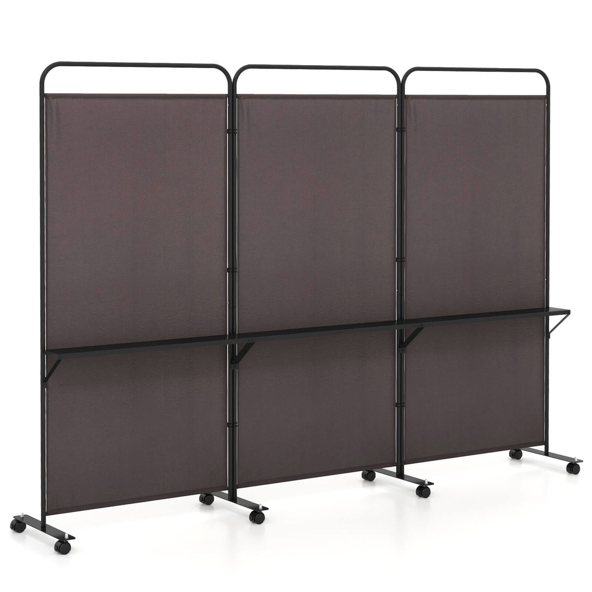 3-Panel Folding Room Divider with 3 Metal Shelves (4 Colors) - Room Dividers -Brown