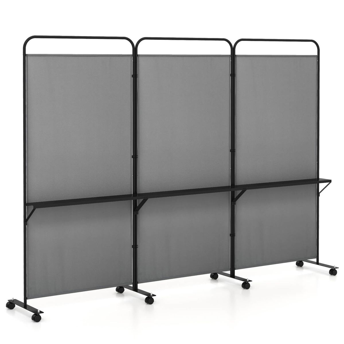 3-Panel Folding Room Divider with 3 Metal Shelves (4 Colors) - Room Dividers -Gray
