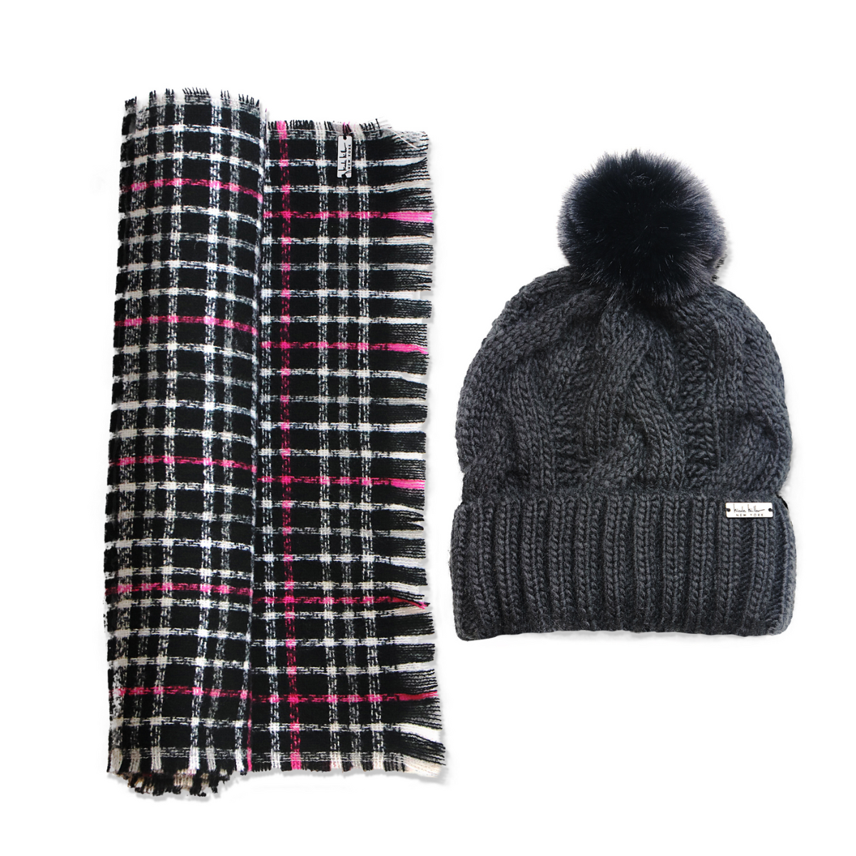 Nicole Miller Women's Beanie and Scarf Set - Black Plaid