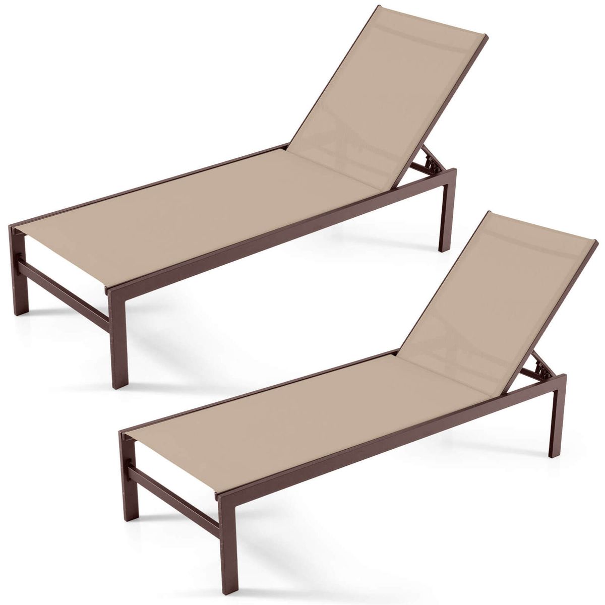 6-Position Chaise Lounge Chair with Rustproof Aluminum Frame (1 or 2-Pack) - 2pcs Lounge Chair -Brown