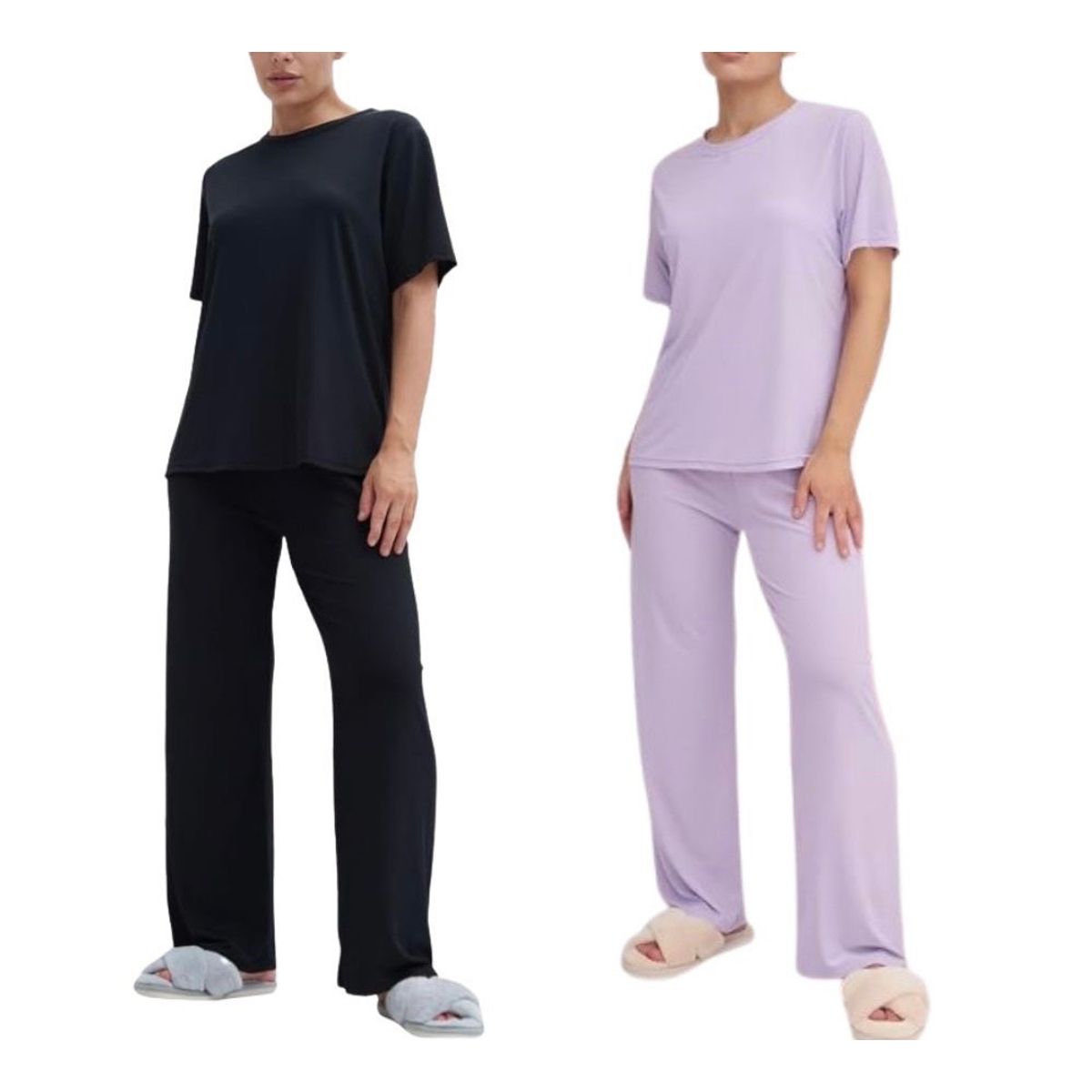 Women's Silky Short Sleeve Pajama Set with Top & Bottom (2-Pack) - Black & Violet- Small/Medium