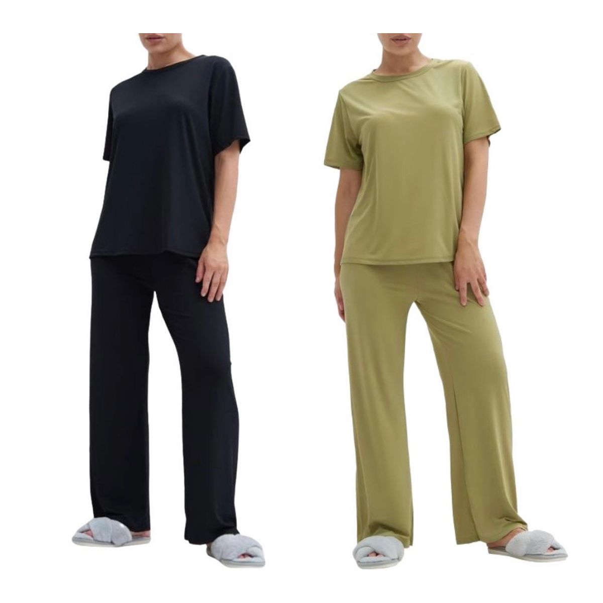 Women's Silky Short Sleeve Pajama Set with Top & Bottom (2-Pack) - Black & Haki- Small/Medium
