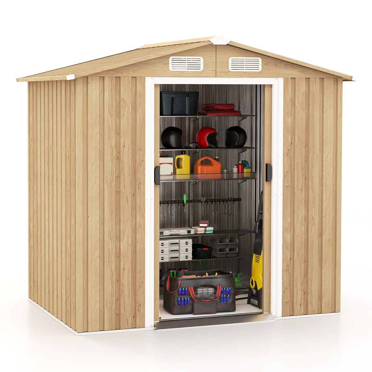Costway 6 x 4 Ft Outdoor Storage Shed Galvanized Steel Shed with Sliding Doors Wood Grain - Natural