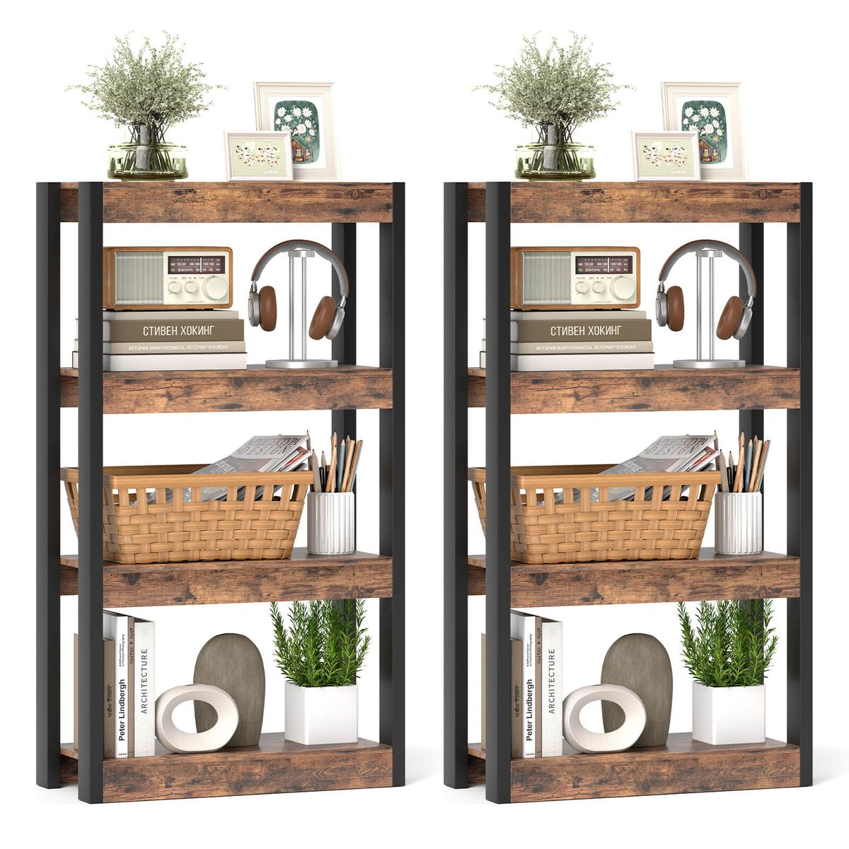 4-Tier Wooden Bookcase (1 or 2-Pack) - 2 PCS Bookshelf-Brown