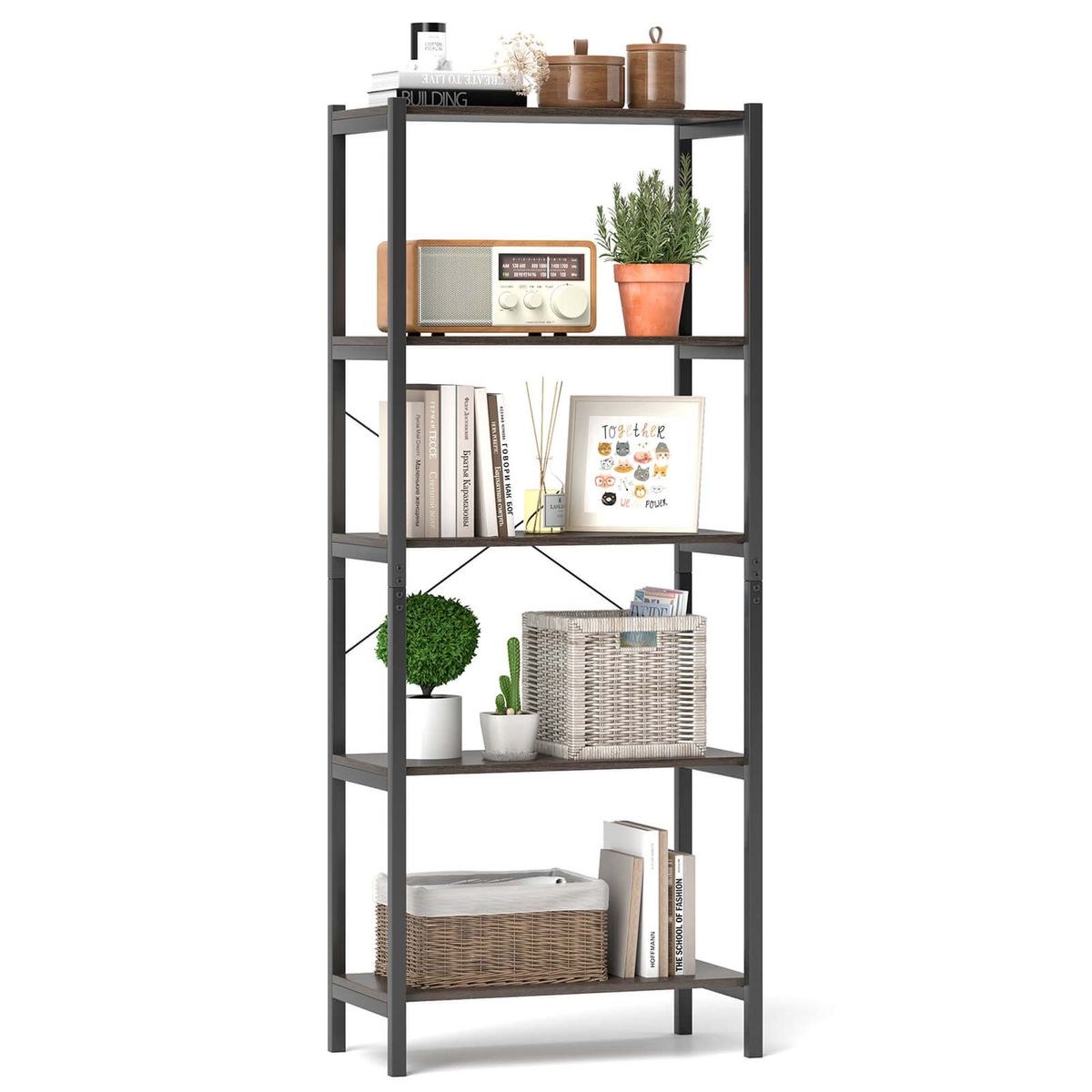 5-Tier Bookshelf with Metal Frame - Rack-1PCS