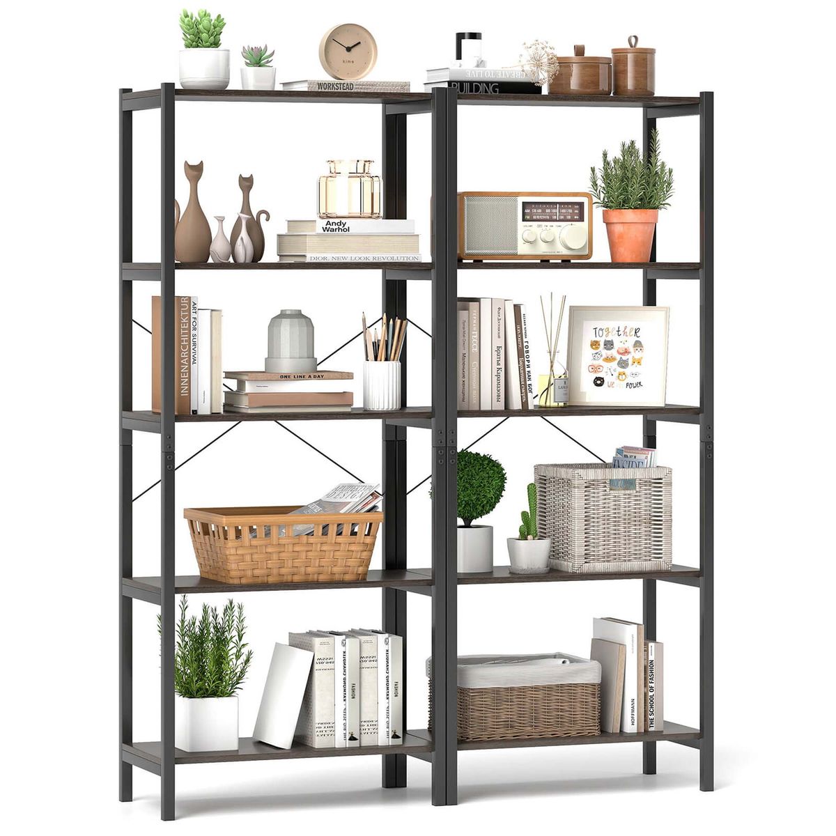 5-Tier Bookshelf with Metal Frame - Rack-2PCS