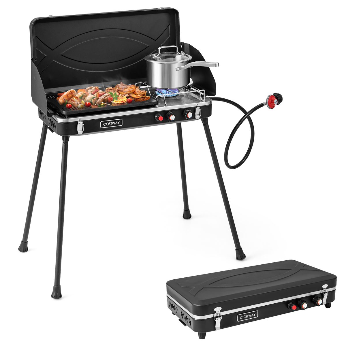 2-in-1 Gas Camping Grill and Stove with Detachable Legs - Costway 2-in-1 Propane Grill - Black