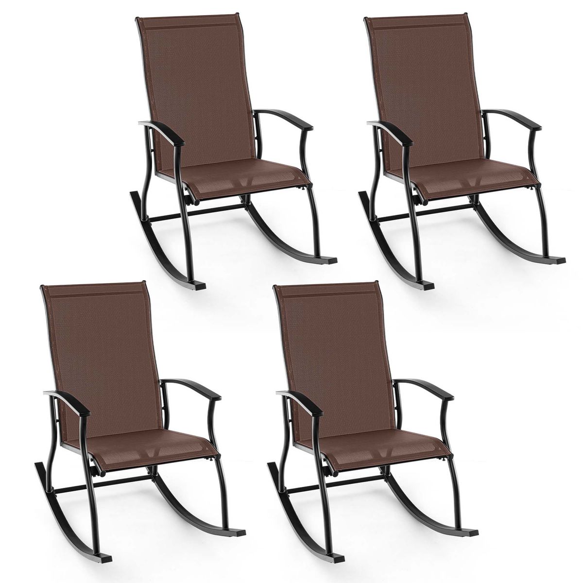 Outdoor Rocking Chair with Breathable Backrest (4-Pack) - Costway 4 PCS Outdoor Rocking Brown