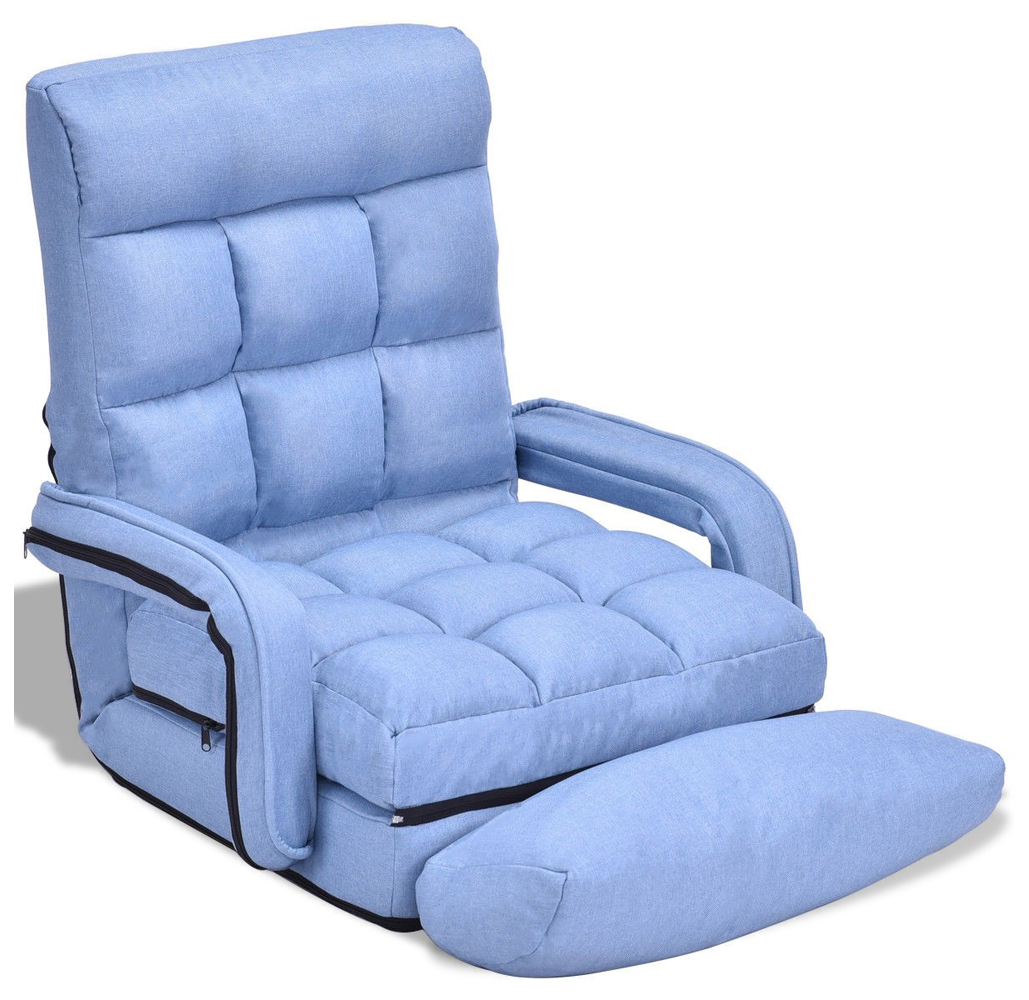 Folding Lazy Floor Chair with Armrests and Pillow - Blue