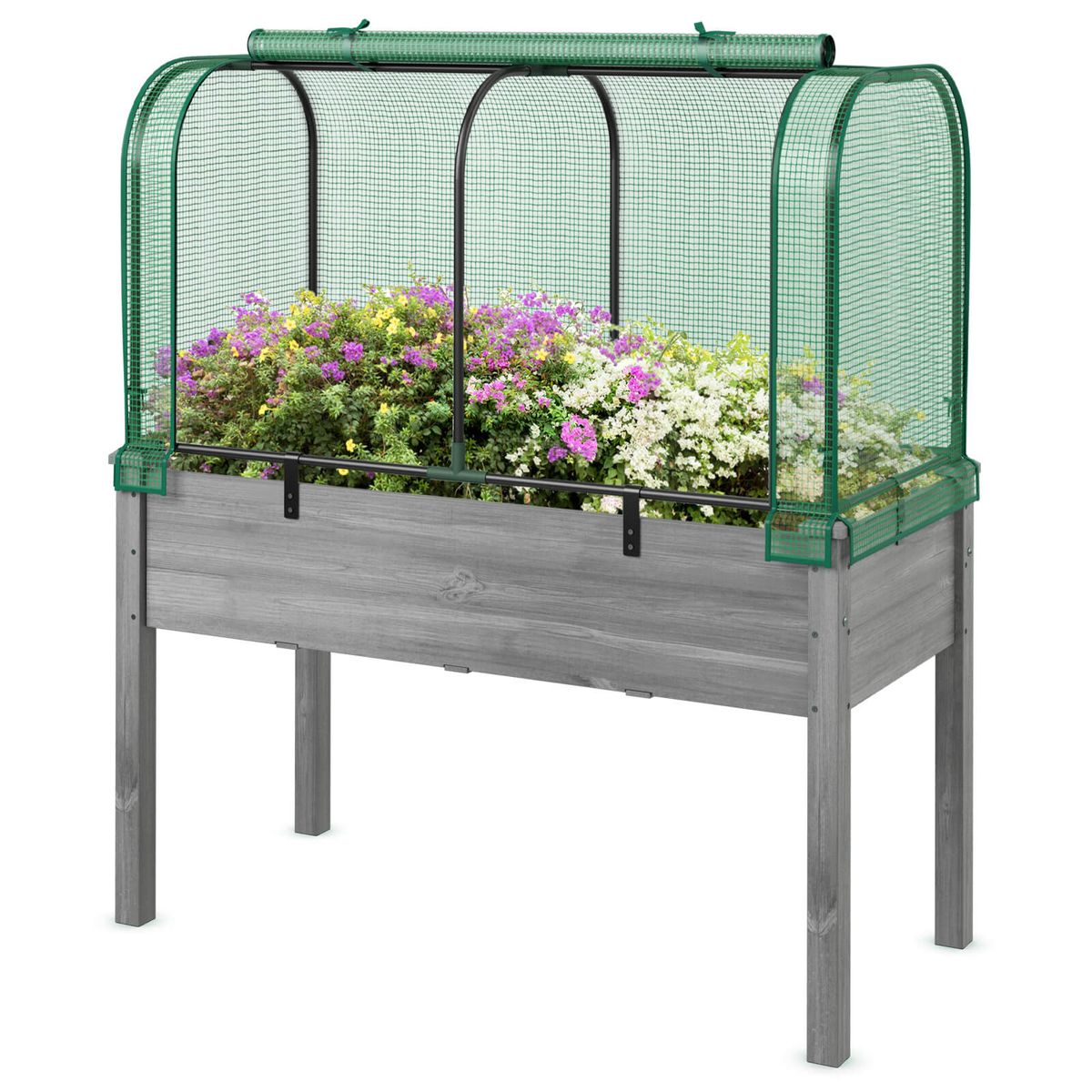 Elevated Wooden Raised Garden Bed with Mini Greenhouse - Green+Gray