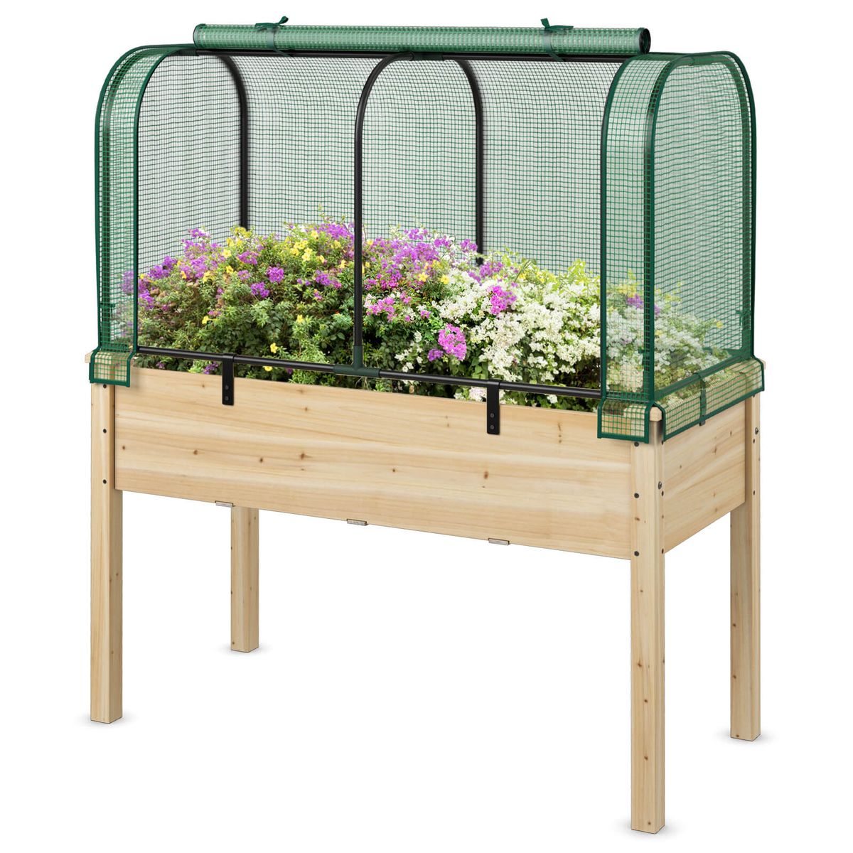 Elevated Wooden Raised Garden Bed with Mini Greenhouse - Green+Beige