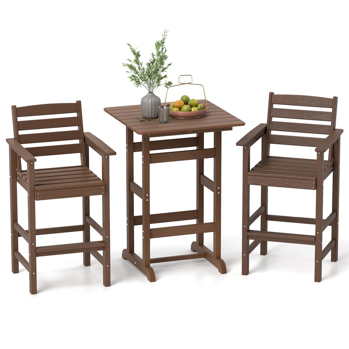 3-Piece Patio Hdpe Bar Set Armchairs with Square High-Top Table - Brown