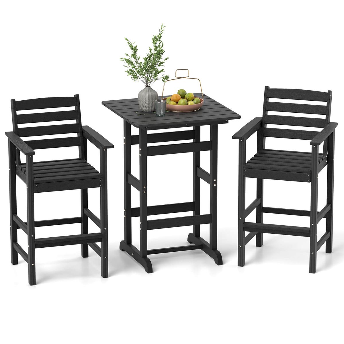 3-Piece Adirondack Bar and Table Set - Patio HDPE Bar Set -Black
