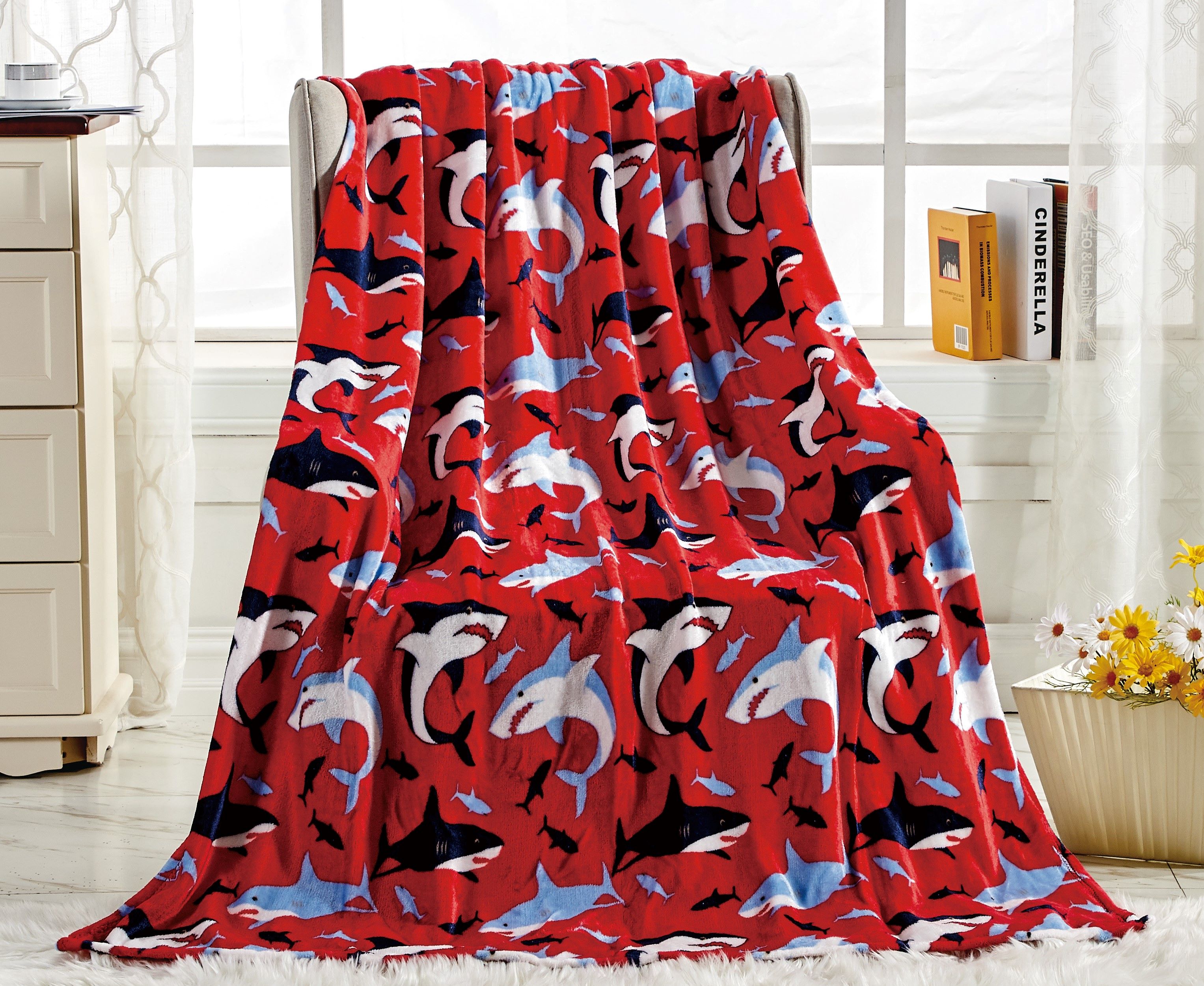 Noble House Summer Prints Microplush Throw Blankets - Red Shark