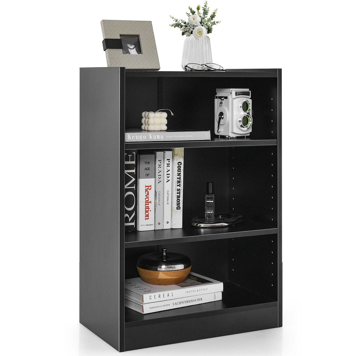 3-Tier Open Multipurpose Display Rack Cabinet with Adjustable Shelves - Adjustable Shelves -Black
