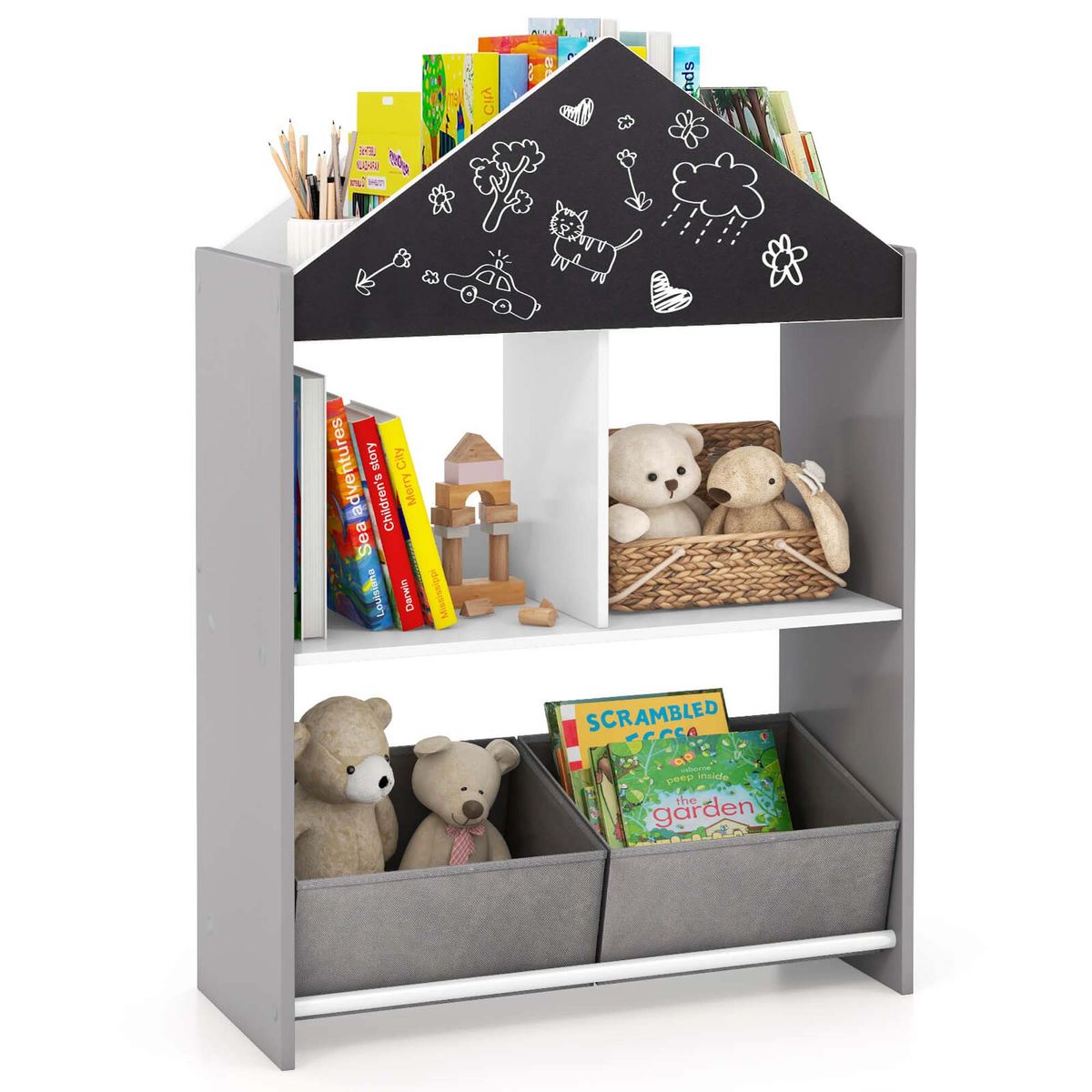 Kids Dollhouse Bookshelf with Chalkboard and Whiteboard - Kids Dollhouse-Gray