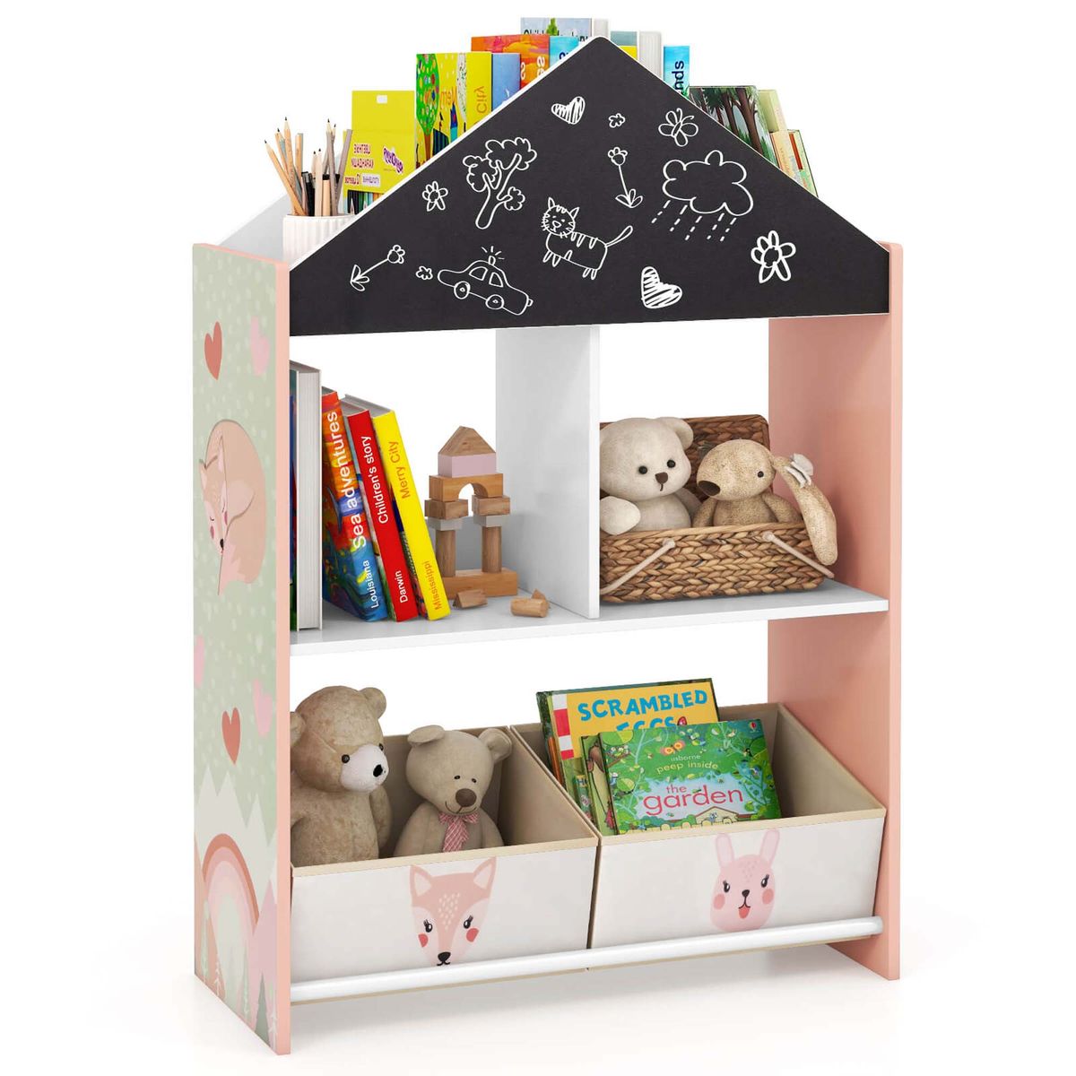 Kids Dollhouse Bookshelf with Chalkboard and Whiteboard - Costway Kids Dollhouse Bookshe