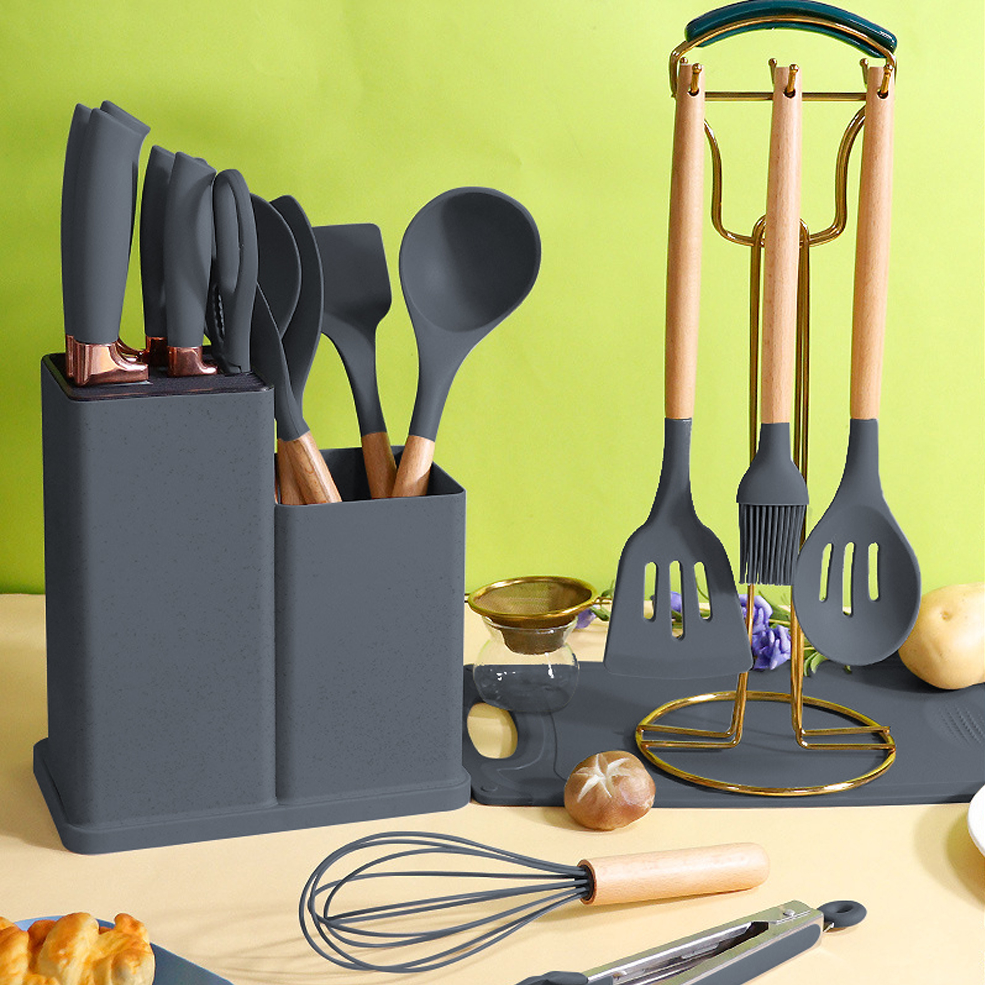 19-Piece Cooking Utensils and Knife Block Set with Mini Cutting Board - Grey