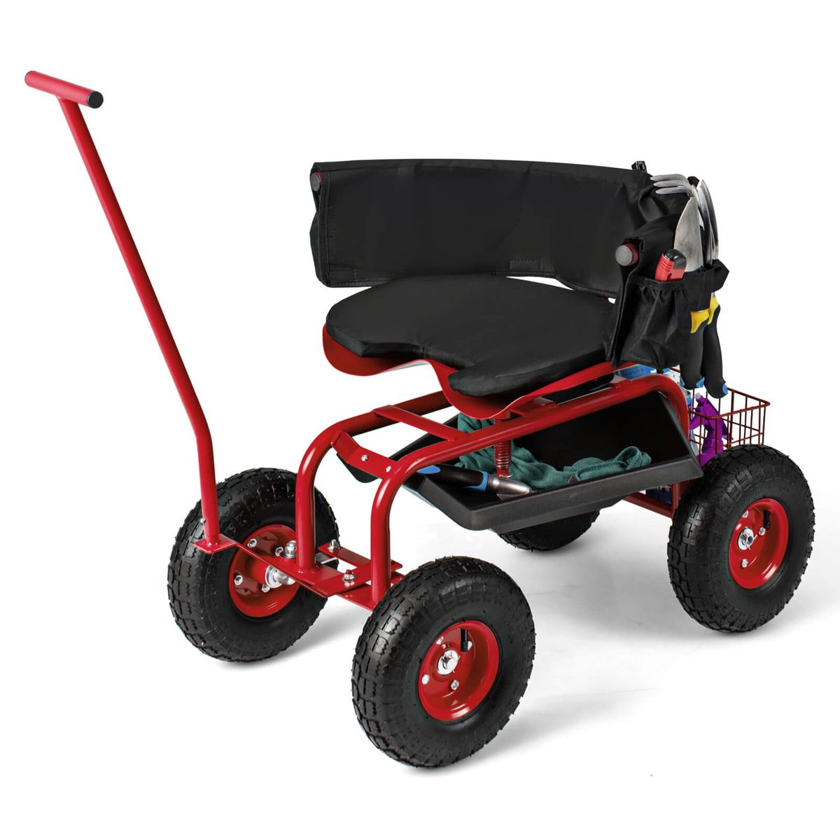 Costway Rolling Garden Cart Outdoor Gardening Workseat withAdjustable Height &Tool Storage - Red