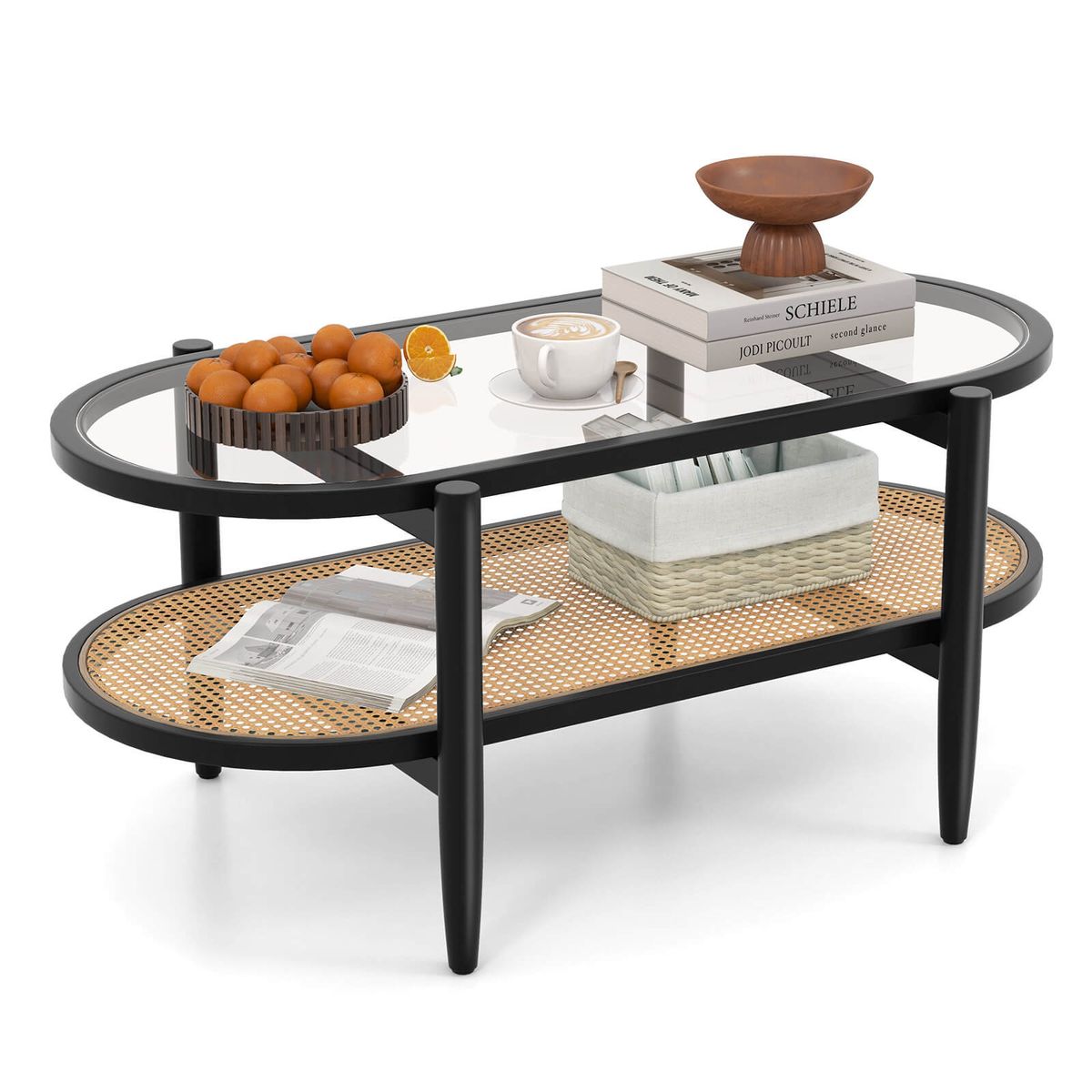 Costway 2-Tier Coffee Table Tempered Glass Top with Pe Rattan Shelf and Acacia Wood Frame - Black